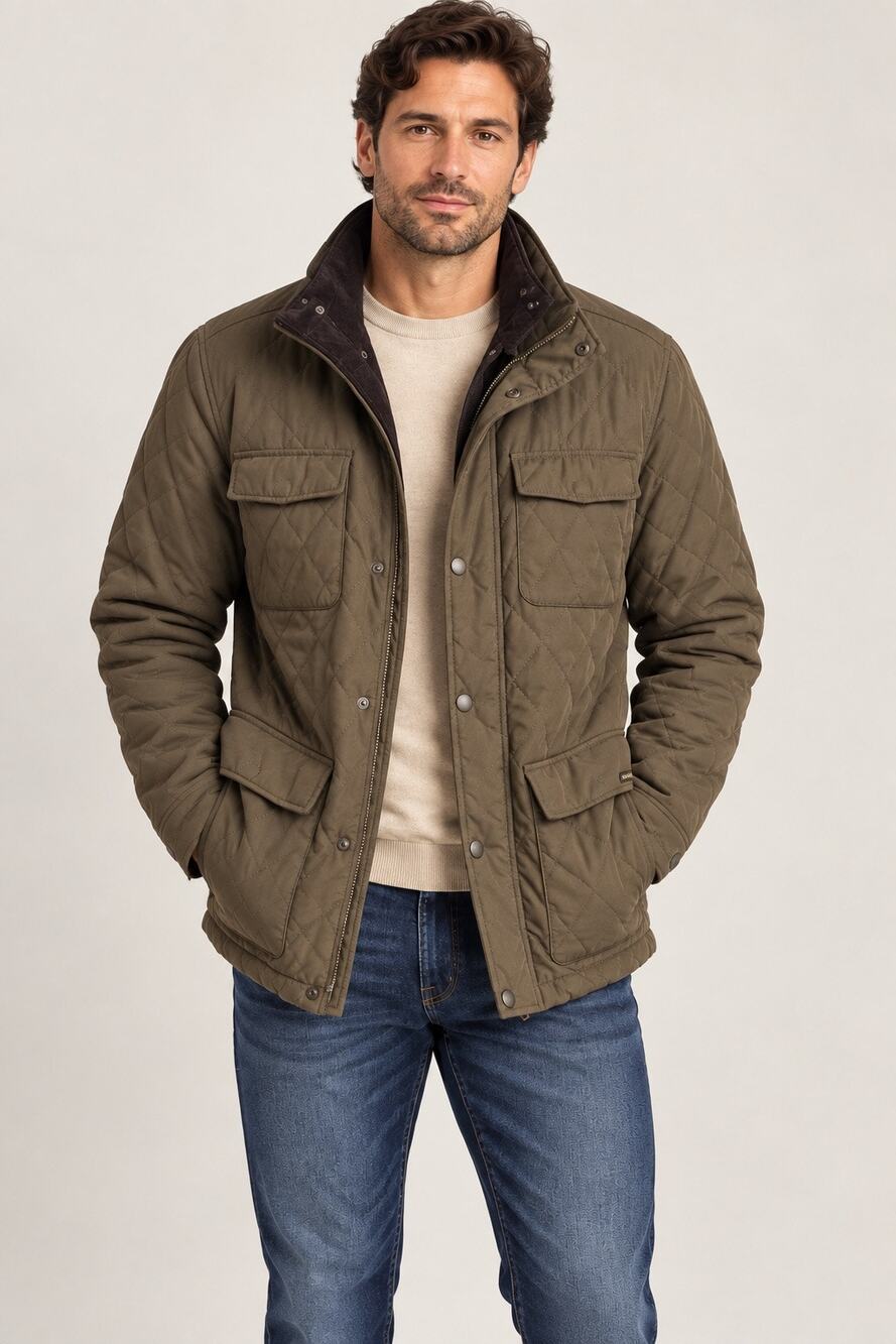 Façonnable Men’s XL Olive Green Quilted Field Jacket Corduroy Collar French